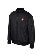Black Men's polyester CPU zip up bomber jacket with full color SD Paw logo with words, 'SOUTH DAKOTA' underneath on the upper left chest