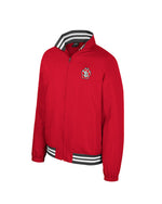 Red men's polyester zip up bomber jacket with gray and white stripes on the bottom band and inside collar as well as the SD Paw logo on the upper left chest