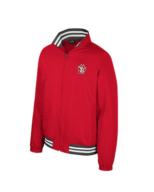 
                
                    Load image into Gallery viewer, Red men&amp;#39;s polyester zip up bomber jacket with gray and white stripes on the bottom band and inside collar as well as the SD Paw logo on the upper left chest
                
            