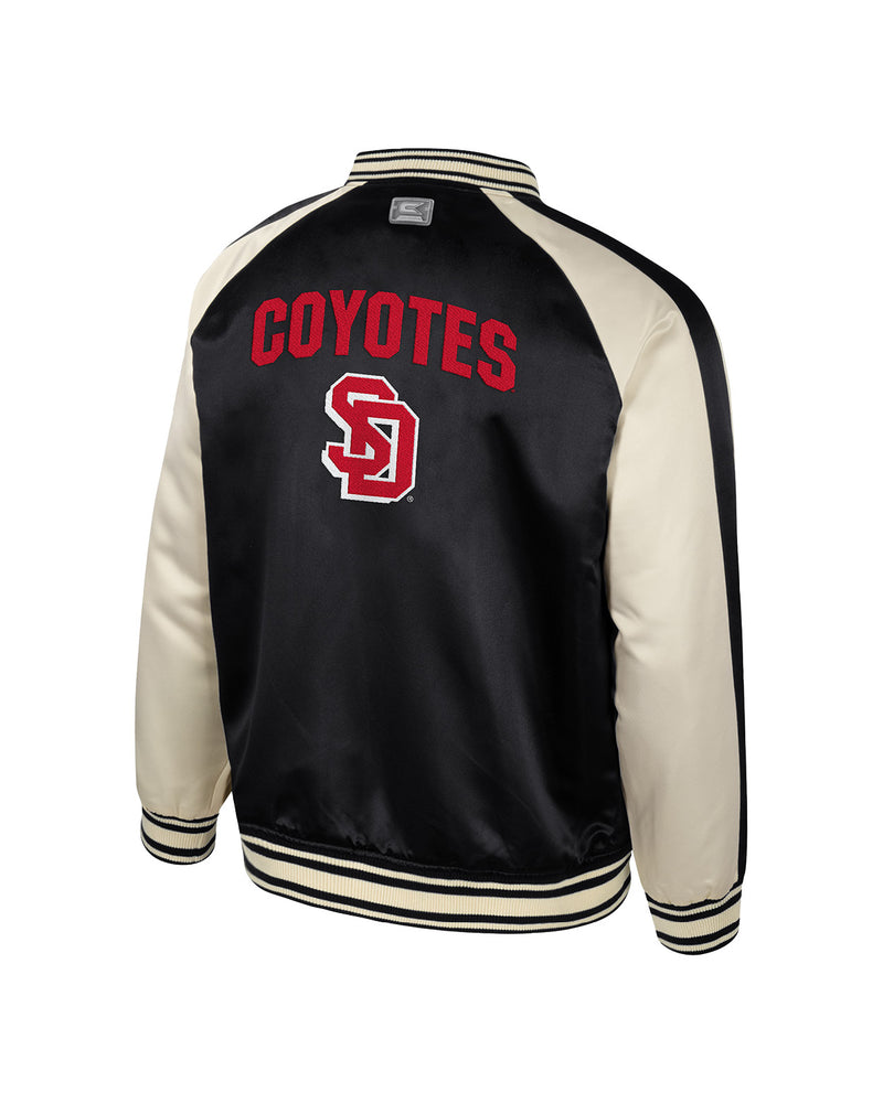 Back of bomber jacket with large red and white SD logo and, 'COYOTES,' in red above.