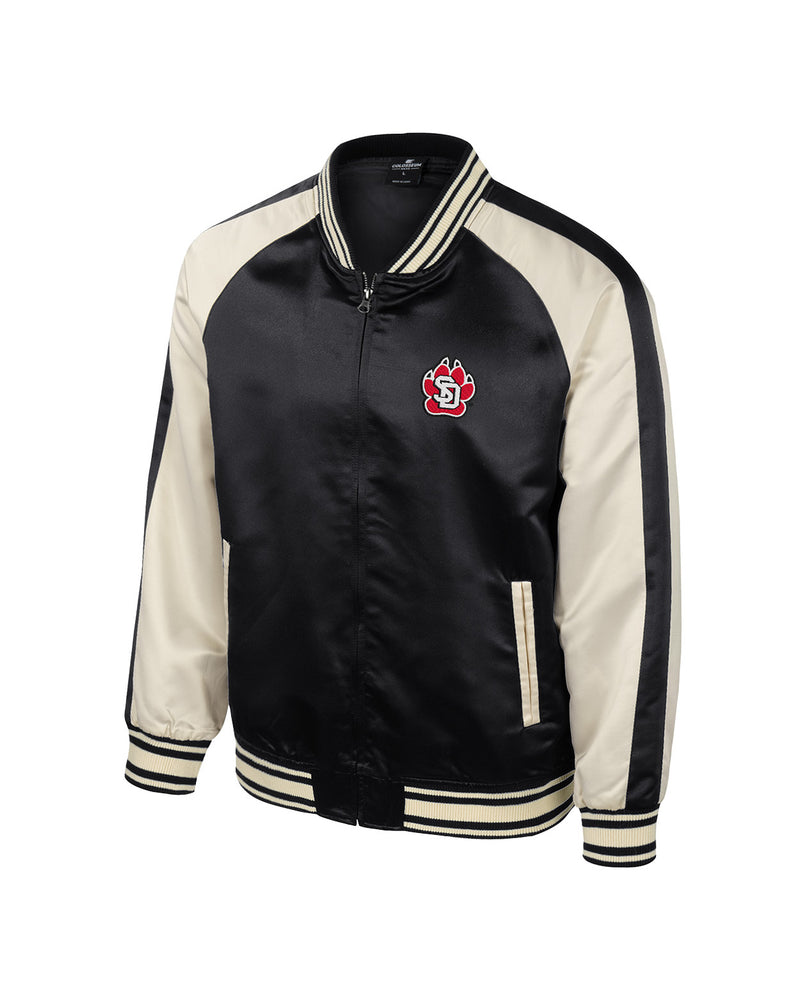 Sateen Bomber jacket with black body and cream/white sleeves with black stripe that zips up with SD Paw logo on upper left chest.