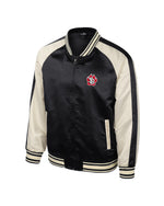 Sateen Bomber jacket with black body and cream/white sleeves with black stripe that zips up with SD Paw logo on upper left chest.