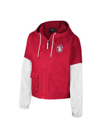 Women's cropped red hooded poly jacket with white sleeves and SD Paw logo on upper left chest. 