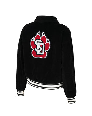 Back of women's black corduroy jacket with large SD Paw logo across back.