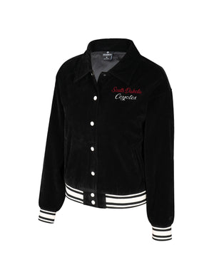 Women's black corduroy bomber jacket with white snaps and black and white striped bottom and sleeve cuffs. Features red and white script on upper left chest, 'South Dakota Coyotes.'