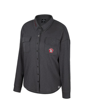 Women's gray button up shacket with SD Paw logo on upper left chest pocket an, 'Coyotes,' in a script red and black font on the right side of collar.