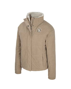 Beige corduroy jacket with sherpa lining and white SD Paw logo on upper left chest.