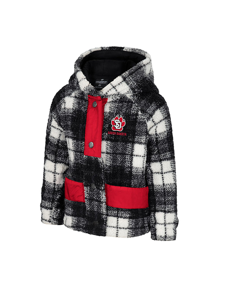 
                
                    Load image into Gallery viewer, Black and white checkered youth sherpa jacket with red pockets and SD paw logo on top right
                
            