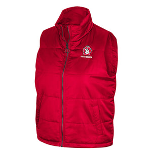 Red puffer vest with a SD Paw logo on upper left chest.