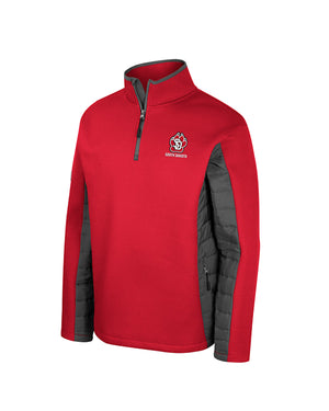 Red quarter zip with gray details and sides and SD Paw logo on upper left chest with words, 'SOUTH DAKOTA' underneath.