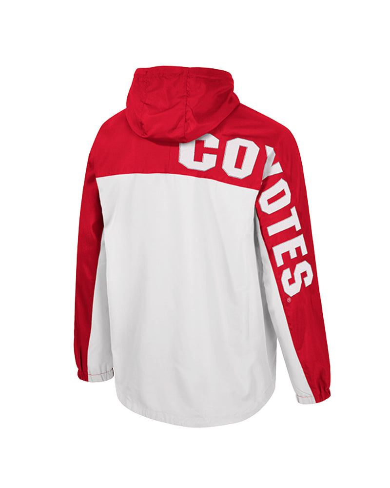 Back of men's anorak jacket with words, 'COYOTES' in white on upper back and down right sleeve