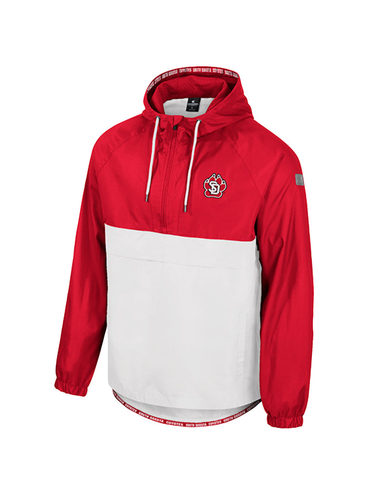 
                
                    Load image into Gallery viewer, Red and white men&amp;#39;s 1/2 zip anorak jacket with hood and SD Paw logo on upper left chest
                
            