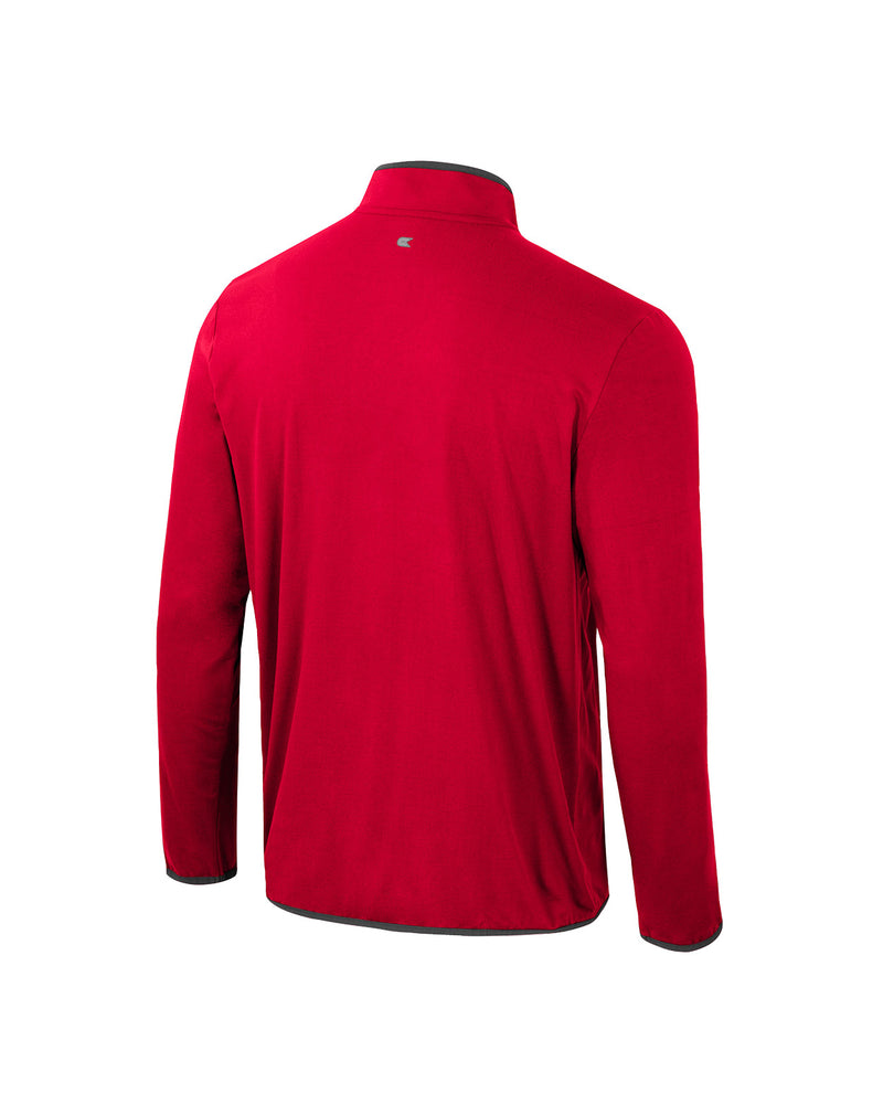 Back of men's red quarter zip.