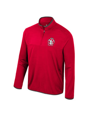 Men's red quarter zip with SD Paw logo on upper left chest.