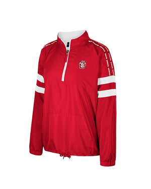 
                
                    Load image into Gallery viewer, Red half zip poly jacket with white arm stripes and SD paw logo on left chest
                
            