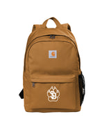 Carhartt brown backpack with large main compartment and small front zipper pocket with white SD Paw logo. 