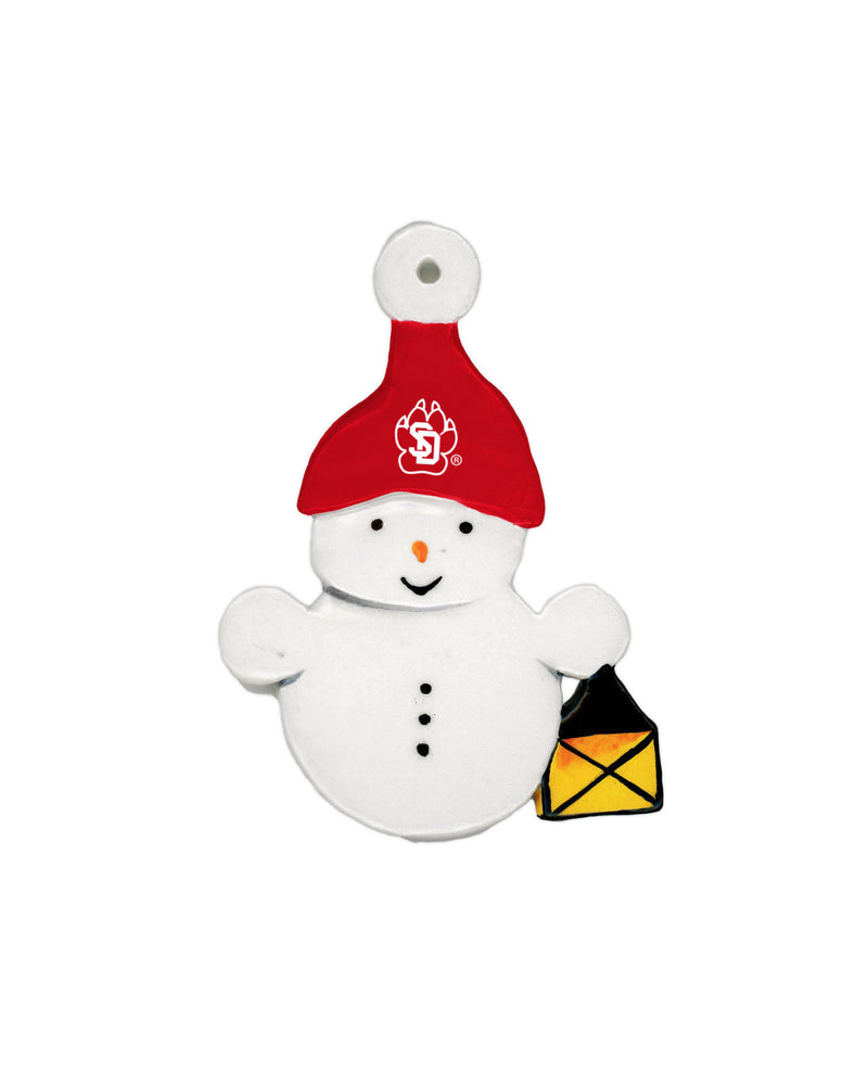Snowman ornament with red hat with SD Paw logo and lantern.