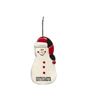 Ceramic snowman ornament with red and black and striped stocking hat and black text at bottom of ornament, 'SOUTH DAKOTA.'