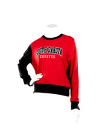 Red crew neck with one red sleeve one black sleeve and black South Dakota lettering on chest with white Coyotes 