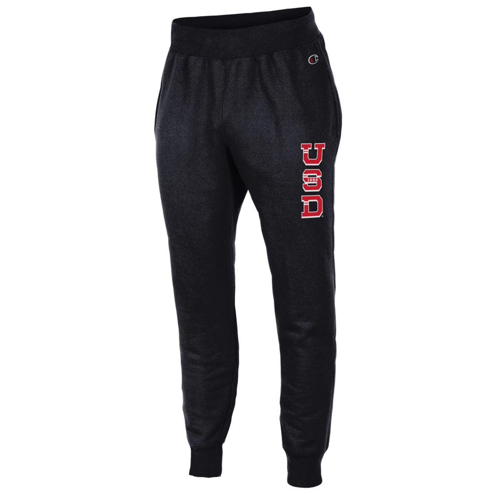 Black Champion Reverse Weave joggers with red and white, 'USD' down the upper left thigh