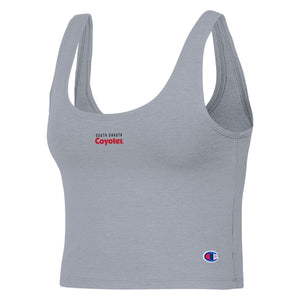 Gray Champion scoop neck cropped tank with small 'SOUTH DAKOTA Coyotes' at center chest.