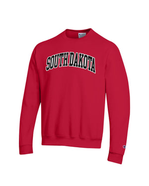 RedChampion crew with tackle twill text across chest 'SOUTH DAKOTA' in black with white outline.