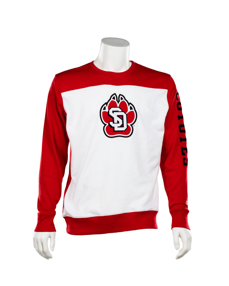 White crew with red bulk sleeves and band on shoulders with SD paw on chest and black Coyotes lettering on left sleeve. 