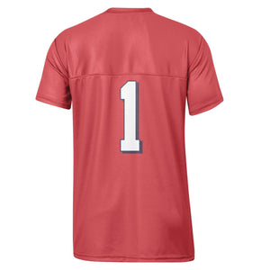 Back of red youth jersey with large white number 1 in middle.