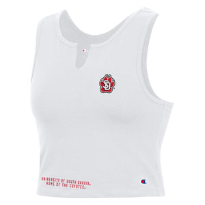 Champion white v-notched neck tank with full color SD Paw logo on upper left chest and red text near bottom right hem, 'UNIVERSITY OF SOUTH DAKOTA HOME OF THE COYOTES.' 