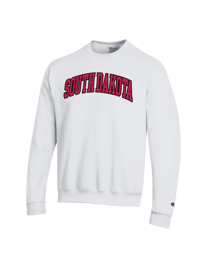 White Champion crew with tackle twill text across chest 'SOUTH DAKOTA' in red with black outline.