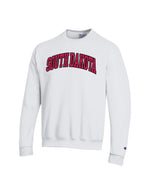 White Champion crew with tackle twill text across chest 'SOUTH DAKOTA' in red with black outline.
