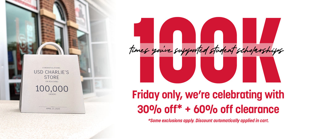 Promotional banner celebrating 100,000 orders at Charlie's with text, '100K times you've supported student scholarships. Friday only, we're celebrating with 30% off* + 60% off clearance. *Some exclusions apply. Discount automatically applied in cart.'