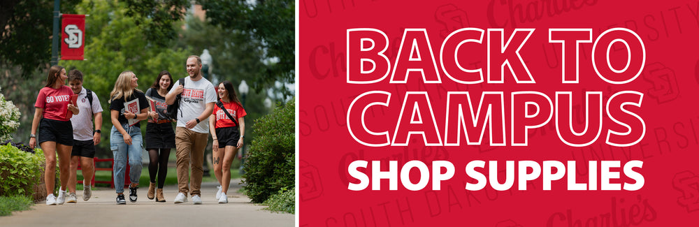 Image of several students on walking to class with backpacks and red graphic with white text, 'BACK TO CAMPUS SHOP SUPPLIES.'