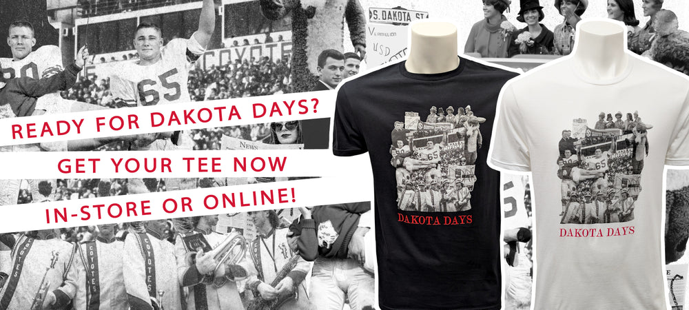 Collage of vintage black and white photos with text graphic overlaid 'READY FOR DAKOTA DAYS? GET YOUR TEE NOW IN-STORE OR ONLINE' and an image of a black tee and white tee with the vintage photo collage and 'DAKOTA DAYS' in red below it. 