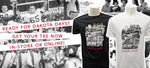 Collage of vintage black and white photos with text graphic overlaid 'READY FOR DAKOTA DAYS? GET YOUR TEE NOW IN-STORE OR ONLINE' and an image of a black tee and white tee with the vintage photo collage and 'DAKOTA DAYS' in red below it. 