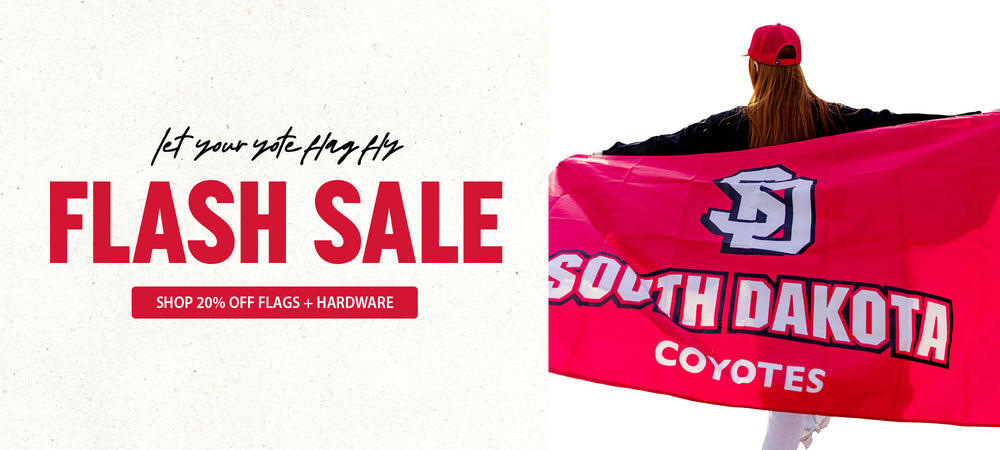 Red and black text, 'let your yote flag fly FLASH SALE Shop 20% off flags + hardware,' image of someone hold a flag behind them to the right of text. 