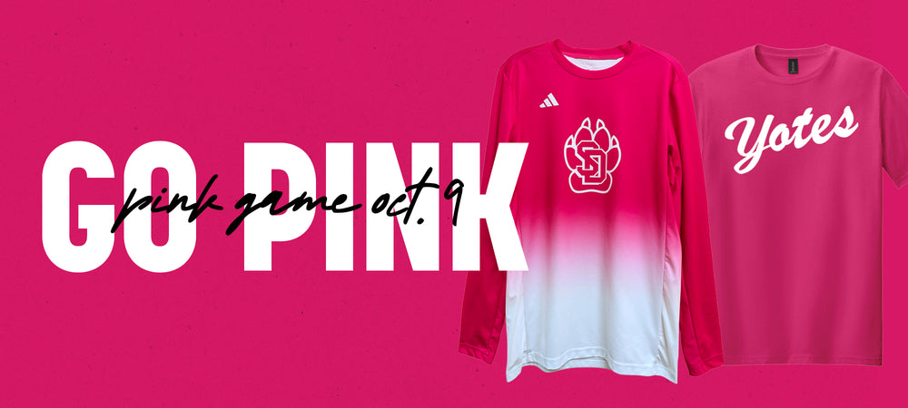 Pink long-sleeve shirt and t-shirt with 'Yotes' branding on a pink background and large text to the left of the images 'GO PINK pink game oct. 9.'