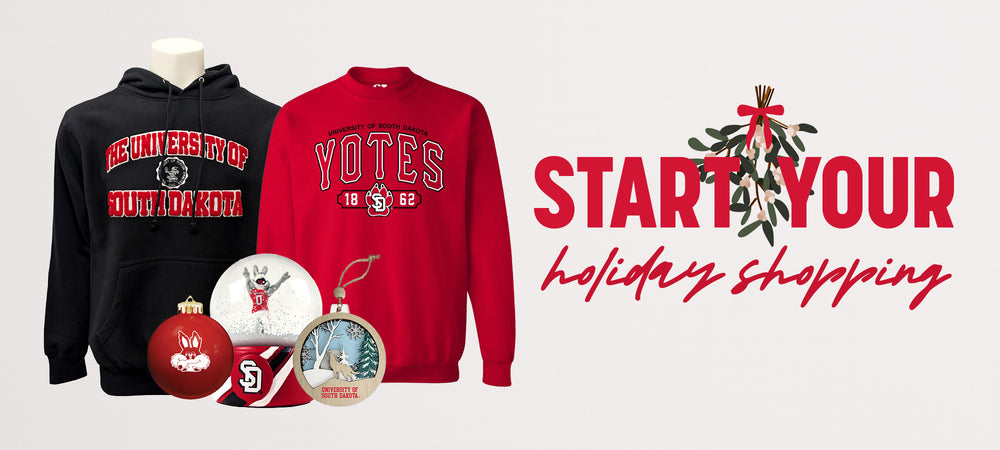 Holiday-themed merchandise including sweatshirts, snowglobe and ornaments on a white background with text 'Start Your Holiday Shopping'.