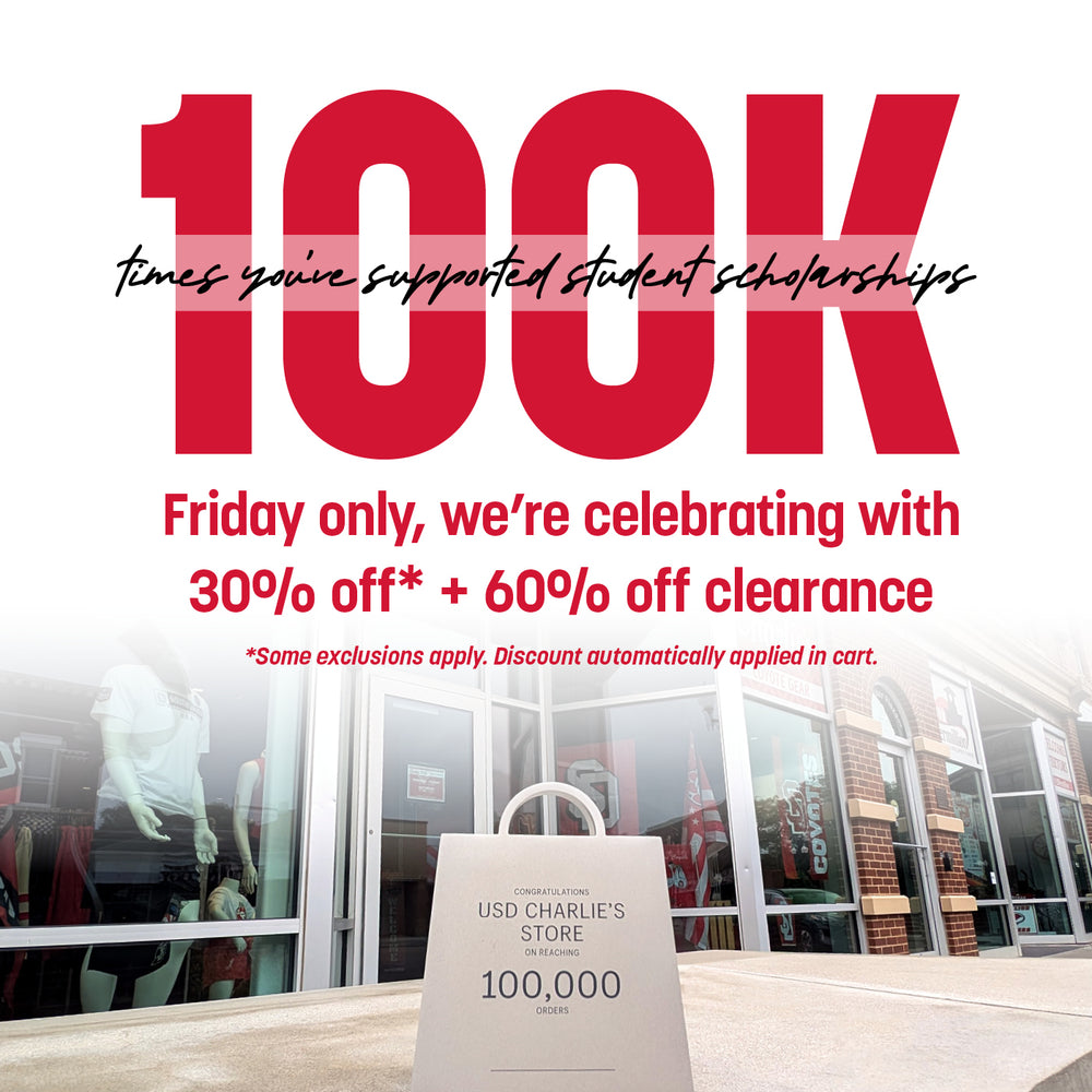 Promotional banner celebrating 100,000 orders at Charlie's with text, '100K times you've supported student scholarships. Friday only, we're celebrating with 30% off* + 60% off clearance. *Some exclusions apply. Discount automatically applied in cart.'
