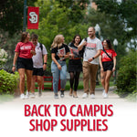 Image of several students on walking to class with backpacks and red text, 'BACK TO CAMPUS SHOP SUPPLIES.'