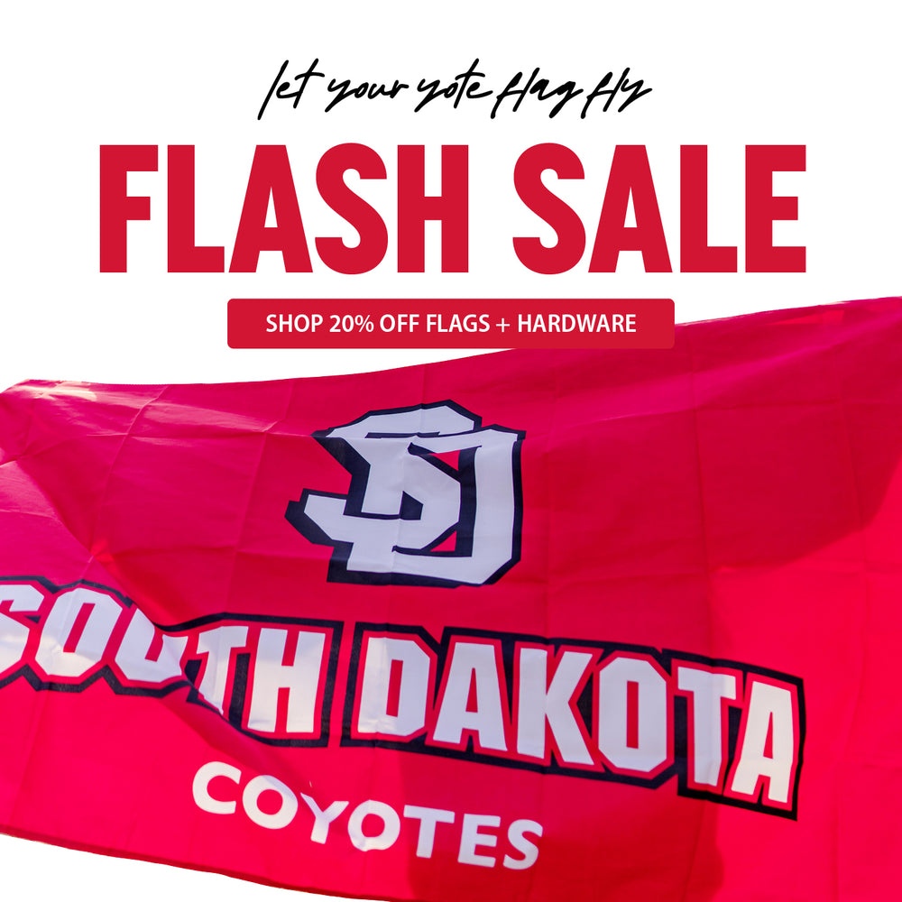 Red and black text, 'let your yote flag fly FLASH SALE Shop 20% off flags + hardware,' image of someone holding a flag behind them below text. 