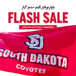 Red and black text, 'let your yote flag fly FLASH SALE Shop 20% off flags + hardware,' image of someone holding a flag behind them below text. 