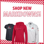 Graphic with text, 'SHOP NEW MARKDOWNS!' and image of a black youth tee, red adult hoodie and white and gray camo quarter zip