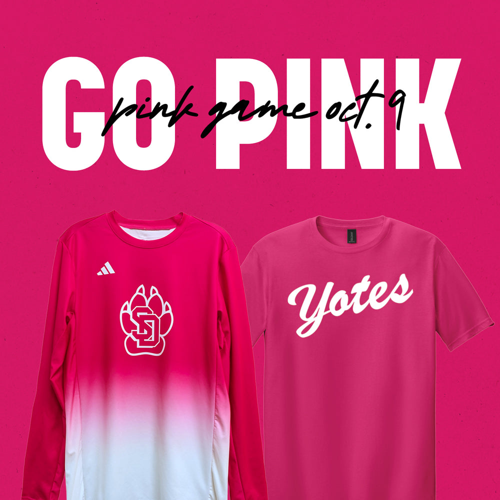 Pink long-sleeve shirt and t-shirt with 'Yotes' branding on a pink background and large text above the images 'GO PINK pink game oct. 9.'