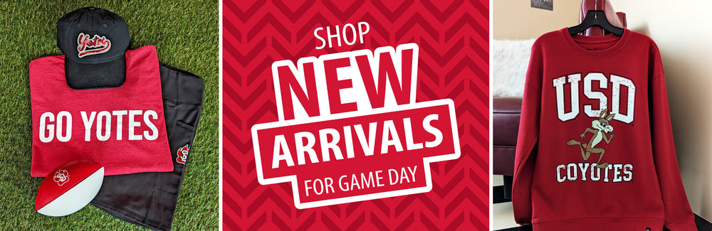 Image of red Go Yotes tee, black hat, and mini football and image of Red USD Coyotes crew with vintage Charlie and graphic with text, 'SHOP NEW ARRIVALS FOR GAME DAY'