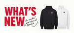 Graphic with paper textured background and red text to the left side, 'WHAT'S NEW,' with smaller black handwriting text, 'Now in-store and online at Charlie's,' with an arrow pointing to a new black alumni quarter zip and light heathered gray version. 
