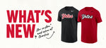 Graphic with paper textured background and red text to the left side, 'WHAT'S NEW,' with smaller black handwriting text, 'Now in-store and online at Charlie's,' with an arrow pointing to a new black Nike tee and red tee with, 'Yotes,' script across chest. 