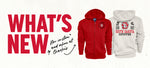 Graphic with paper textured background and red text to the left side, 'WHAT'S NEW,' with smaller black handwriting text, 'Now in-store and online at Charlie's,' with an arrow pointing to red fill zip jacket and the back of an oatmeal full zip with large screenprint of SD Paw log and text 'UNIVERSITY OF SOUTH DAKOTA COYOTES 1862.'
