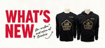 Graphic with paper textured background and red text, 'WHAT'S NEW,' with smaller black handwriting text, 'Now in-store and online at Charlie's,' with an arrow pointing to a black long sleeve and black Adidas hoodie with tan graphic 'YOTES HONORING OUR HEROES.'