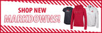 Graphic with text, 'SHOP NEW MARKDOWNS!' and image of a black youth tee, red adult hoodie and white and gray camo quarter zip